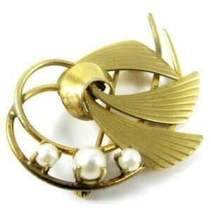 Vintage Signed Ca 12K Gold Filled Genuine Pearls Abstract Floral Brooch Pin